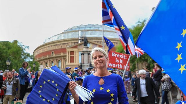 Brexit-Gegner mit EU-Flaggen bei einer Aktion vor der Royal Albert Hall vor der letzten "Night of the Proms" in London.