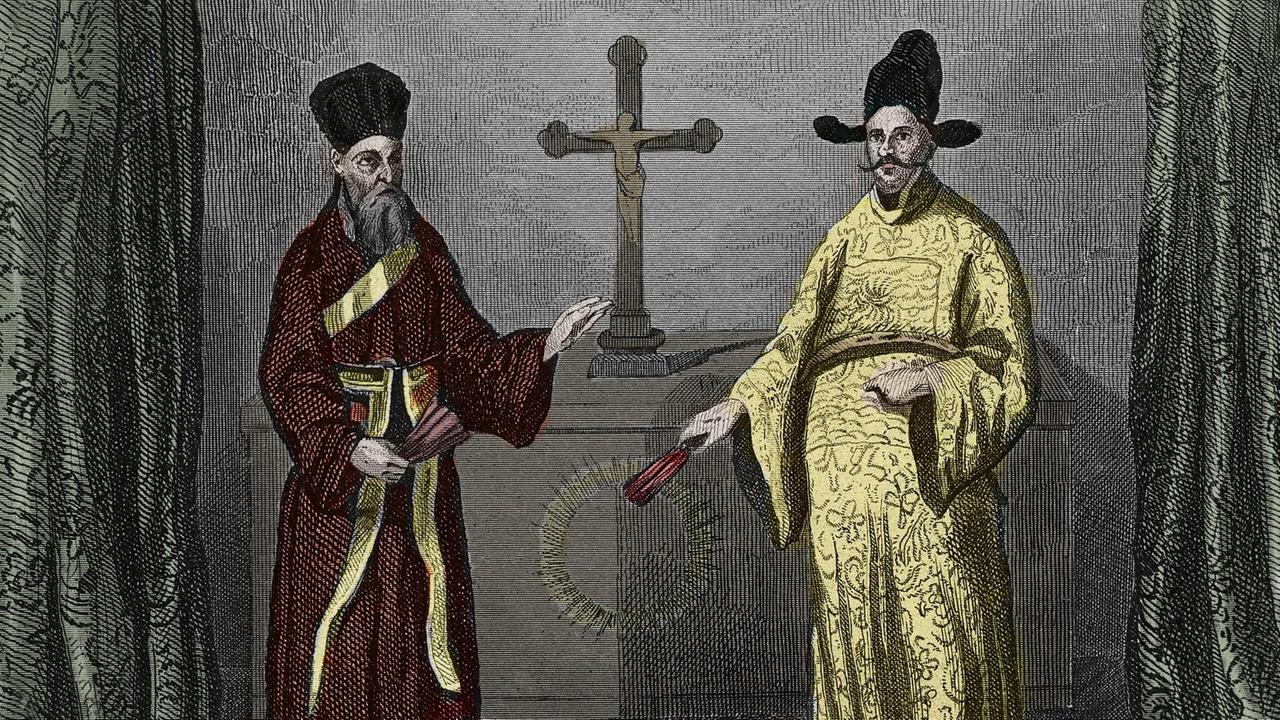 Ein Stich aus dem 19. Jahrhundert zeigt Matteo Ricci mit Paul Ly, einem konvertierten Chinesen
