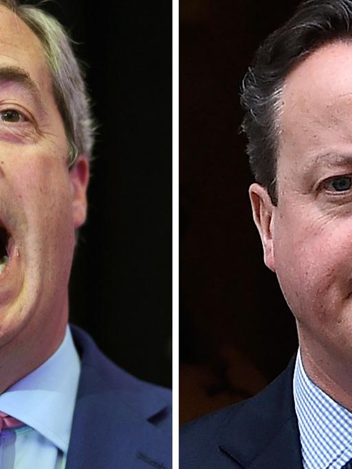 UKIP-Anführer Nigel Farage (l), der für den Austritt Großbritanniens aus der EU wirbt, und der britische Premierminister David Cameron, der für den Verbleib in der EU plädiert.