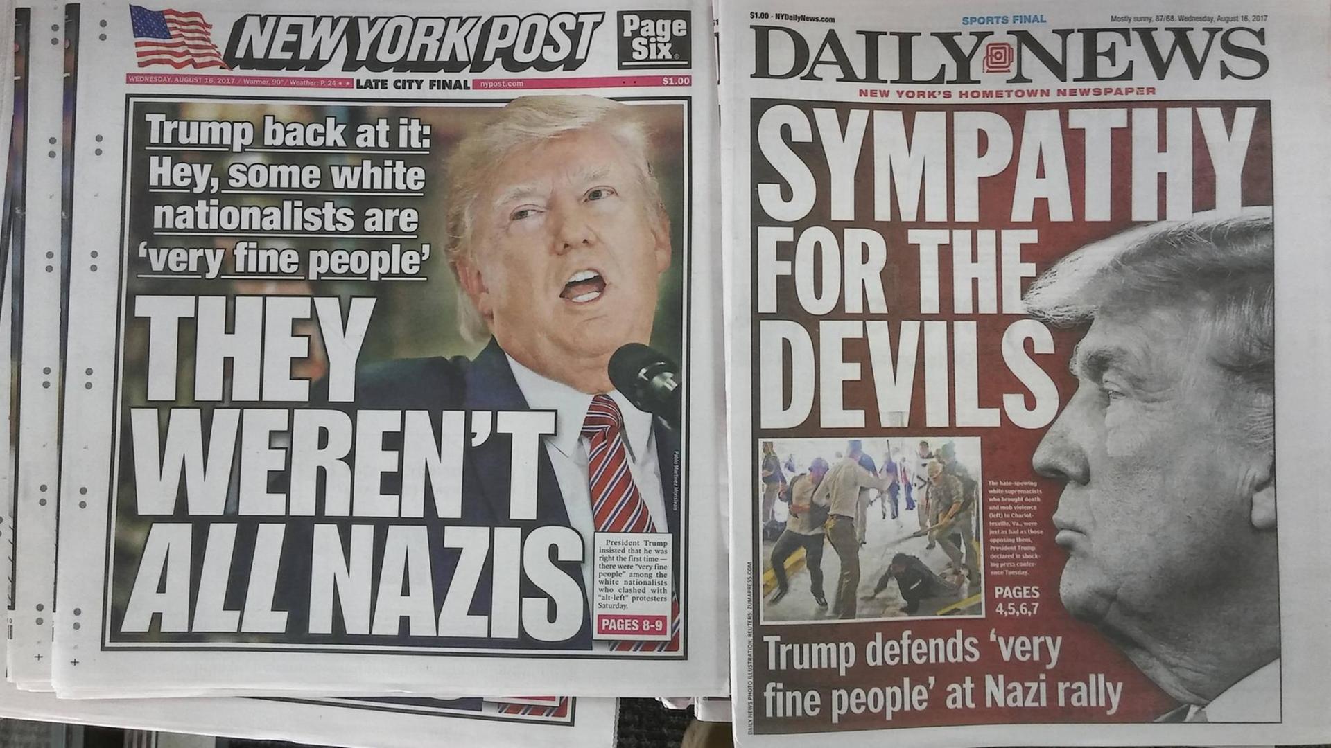 Titelseiten der Zeitungen "New York Post" und "Daily News" zu den Aussagen von US-Präsident Trump zu der Kundgebung in Charlottesville. Trump wird zitiert mit der Aussage vom 16.08.2017: "Es waren nicht alle Nazis", die "Daily News" titelt mit "Sympathie für die Teufel"