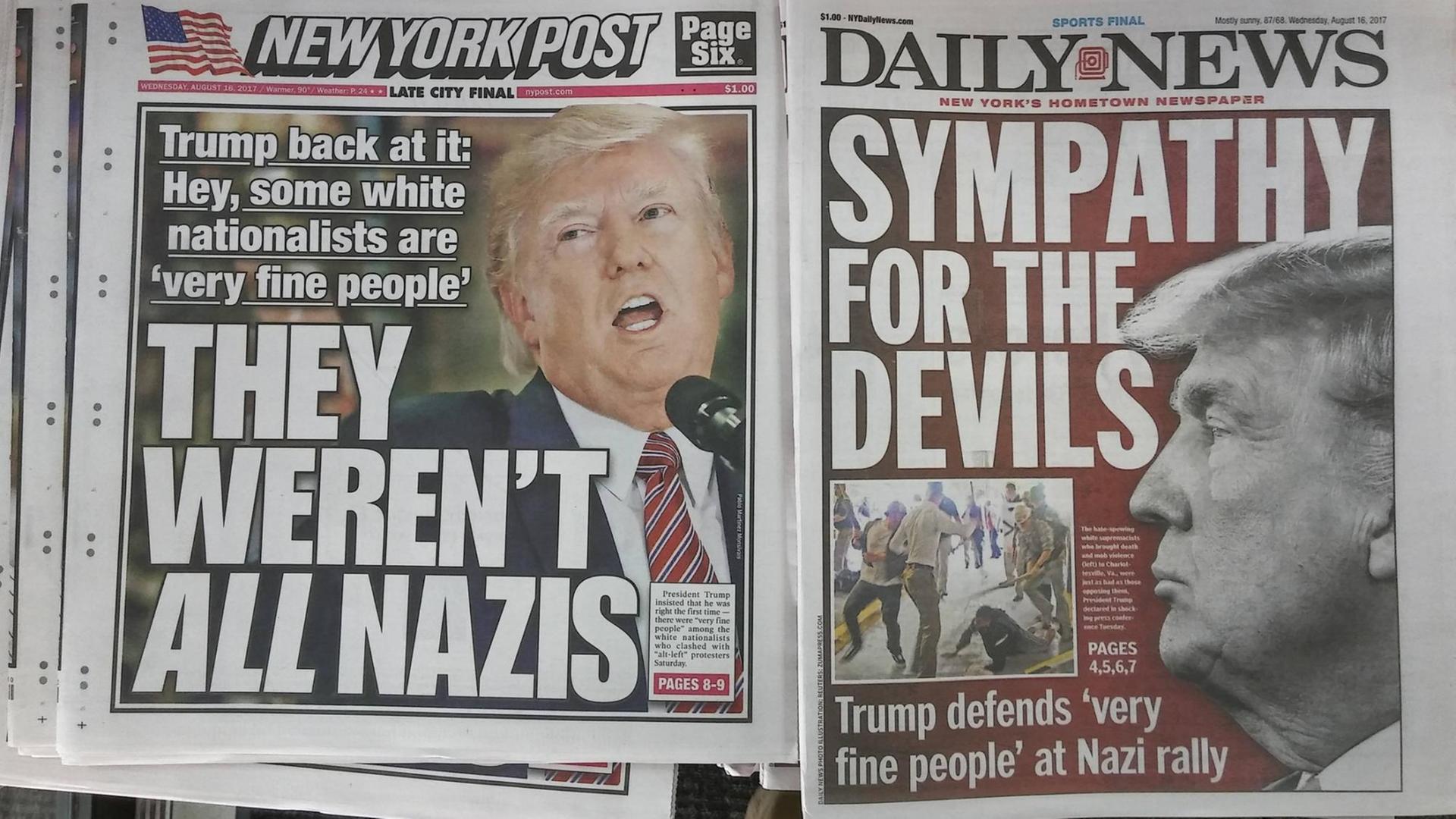 Titelseiten der Zeitungen "New York Post" und "Daily News" zu den Aussagen von US-Präsident Trump zu der Kundgebung in Charlottesville. Trump wird zitiert mit der Aussage vom 16.08.2017: "Es waren nicht alle Nazis", die "Daily News" titelt mit "Sympathie für die Teufel" Titelseiten der Zeitungen "New York Post" und "Daily News" zu den Aussagen von US-Präsident Trump zu der Kundgebung in Charlottesville. Trump wird zitiert mit der Aussage vom 16.08.2017: "Es waren nicht alle Nazis", die "Daily News" titelt mit "Sympathie für die Teufel"