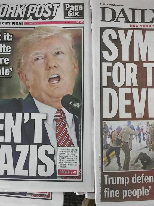 Titelseiten der Zeitungen "New York Post" und "Daily News" zu den Aussagen von US-Präsident Trump zu der Kundgebung in Charlottesville. Trump wird zitiert mit der Aussage vom 16.08.2017: "Es waren nicht alle Nazis", die "Daily News" titelt mit "Sympathie für die Teufel"