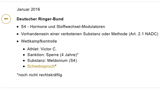 Ein Screenshot der Nationalen Anti Doping Agentur Deutschland (NADA) zeigt die Sperre des moldawischen Ringers Victor C. nach der positiven Meldonium-Probe. Ein Screenshot der Nationalen Anti Doping Agentur Deutschland (NADA) zeigt die Sperre des moldawischen Ringers Victor C. nach der positiven Meldonium-Probe.