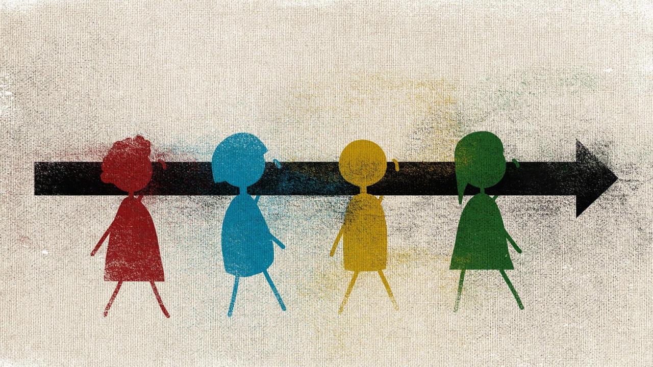 Eine Illustration zeigt vier verschiedenfarbige Figuren, die einen Pfeil tragen. Eine Illustration zeigt vier verschiedenfarbige Figuren, die einen Pfeil tragen.