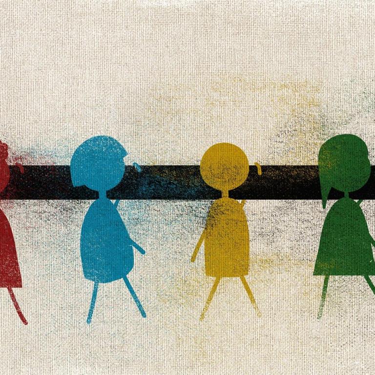 Eine Illustration zeigt vier verschiedenfarbige Figuren, die einen Pfeil tragen.