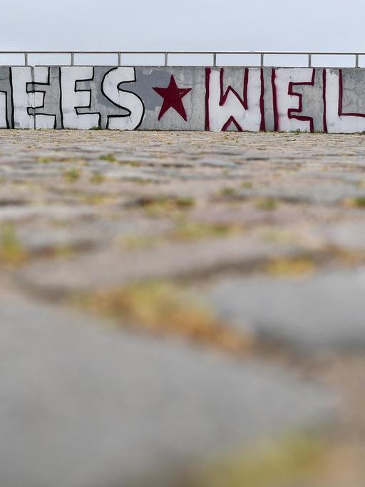 In großen Buchstaben steht auf Englisch "Refugees Welcome" (Flüchtlinge willkommen) am 25.05.2016 an einer Mauer am Ufer der Oder in Frankfurt (Oder) (Brandenburg).