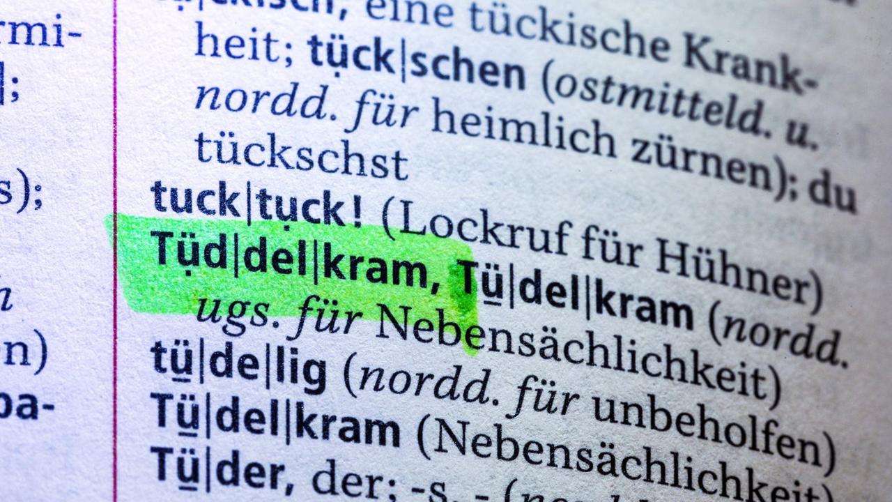 Eine Seite aus dem Duden. Das Wort "Tüddelkram" ist markiert. Eine Seite aus dem Duden. Das Wort "Tüddelkram" ist markiert.