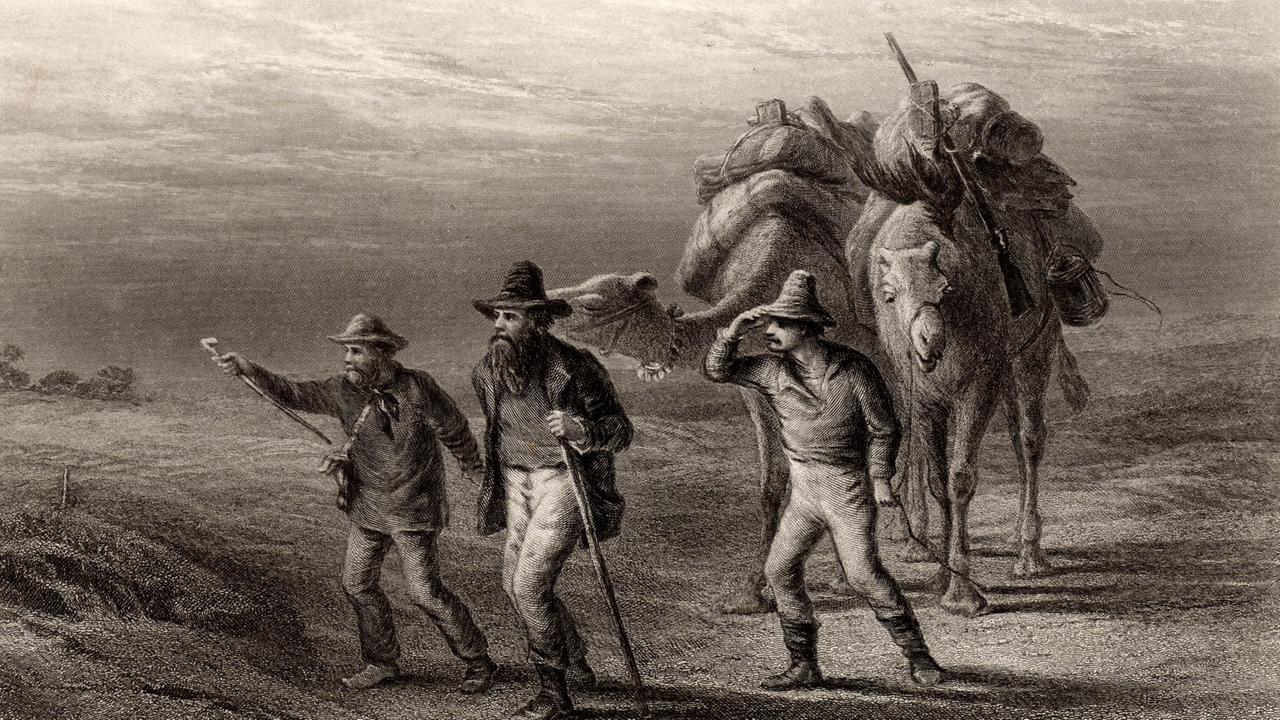 Robert O'Hara Burke (1820-1861) und William John Wills (1834-1861) mit John A King (1838-1872), einem weiteren Expeditionsmitglied - Gravur um 1880. Burke und Wills starben an Hunger, während King von freundlichen Eingeborenen gefunden und betreut wurde, bis eine Rettungsgruppe eintraf.