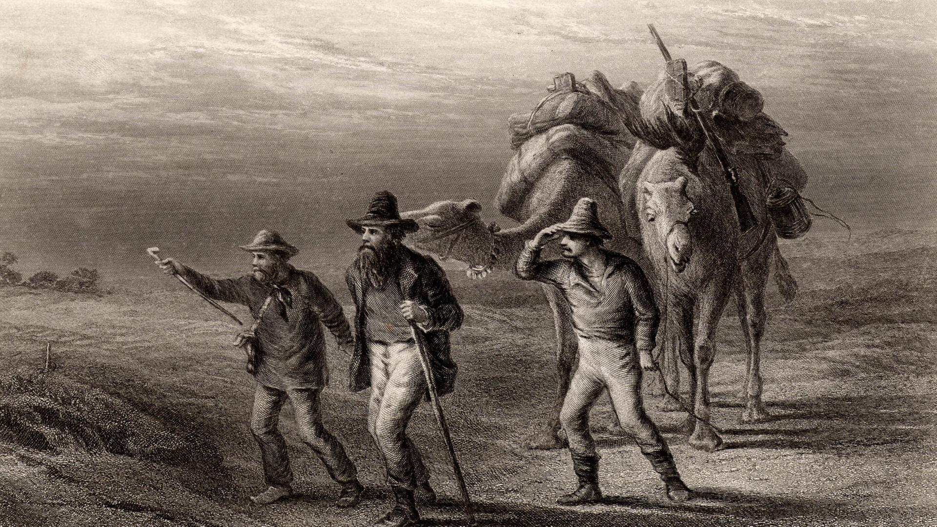 Robert O'Hara Burke (1820-1861) und William John Wills (1834-1861) mit John A King (1838-1872), einem weiteren Expeditionsmitglied - Gravur um 1880. Burke und Wills starben an Hunger, während King von freundlichen Eingeborenen gefunden und betreut wurde, bis eine Rettungsgruppe eintraf. Robert O'Hara Burke (1820-1861) und William John Wills (1834-1861) mit John A King (1838-1872), einem weiteren Expeditionsmitglied - Gravur um 1880. Burke und Wills starben an Hunger, während King von freundlichen Eingeborenen gefunden und betreut wurde, bis eine Rettungsgruppe eintraf.