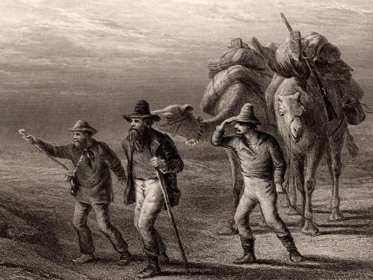 Robert O'Hara Burke (1820-1861) und William John Wills (1834-1861) mit John A King (1838-1872), einem weiteren Expeditionsmitglied - Gravur um 1880. Burke und Wills starben an Hunger, während King von freundlichen Eingeborenen gefunden und betreut wurde, bis eine Rettungsgruppe eintraf.