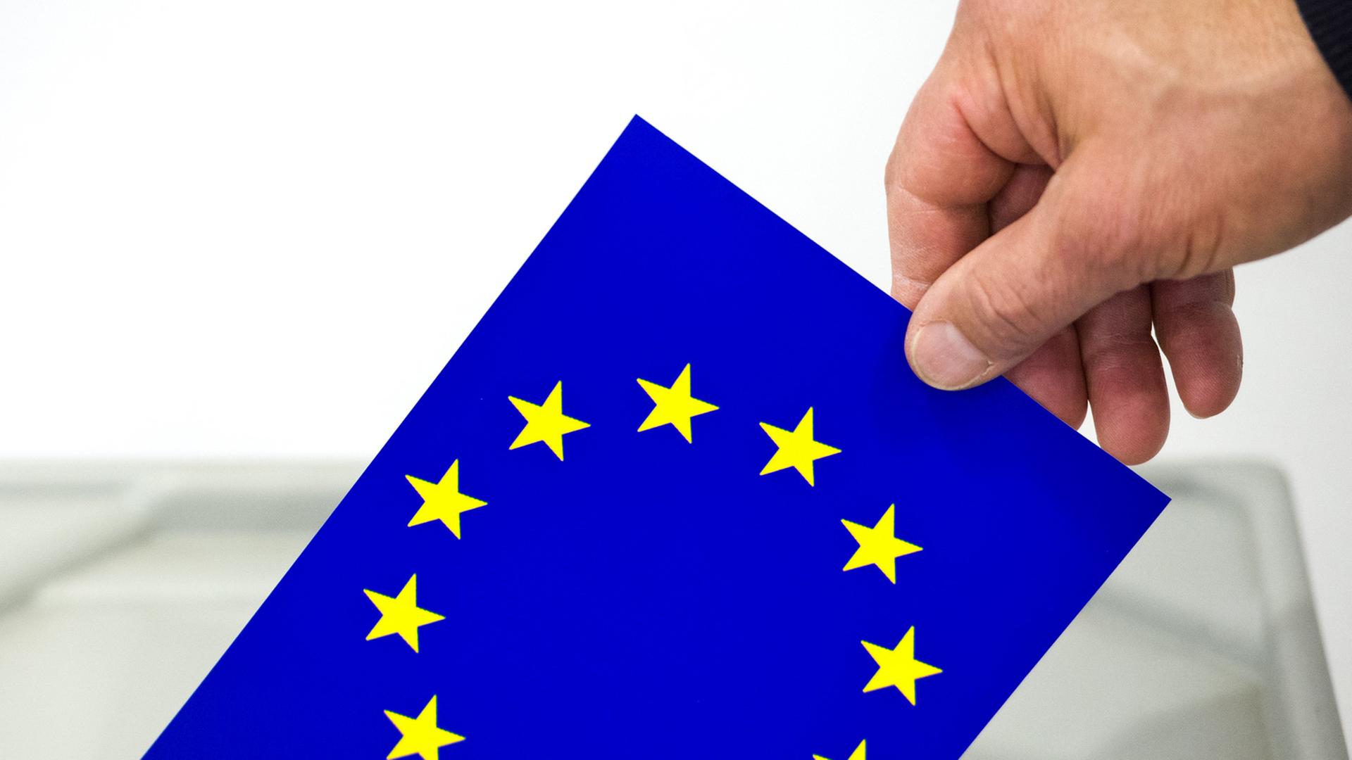 Ein Mann steckt eine Europafahne in den Schlitz einer Wahlurne in Frankfurt (Oder). Ein Mann steckt eine Europafahne in den Schlitz einer Wahlurne in Frankfurt (Oder).