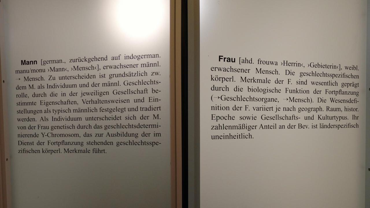 Toilettentüren im DLF-Gebäude in Köln mit den Lexika-Einträgen "Mann" beziehungsweise "Frau" Toilettentüren im DLF-Gebäude in Köln mit den Lexika-Einträgen "Mann" beziehungsweise "Frau"