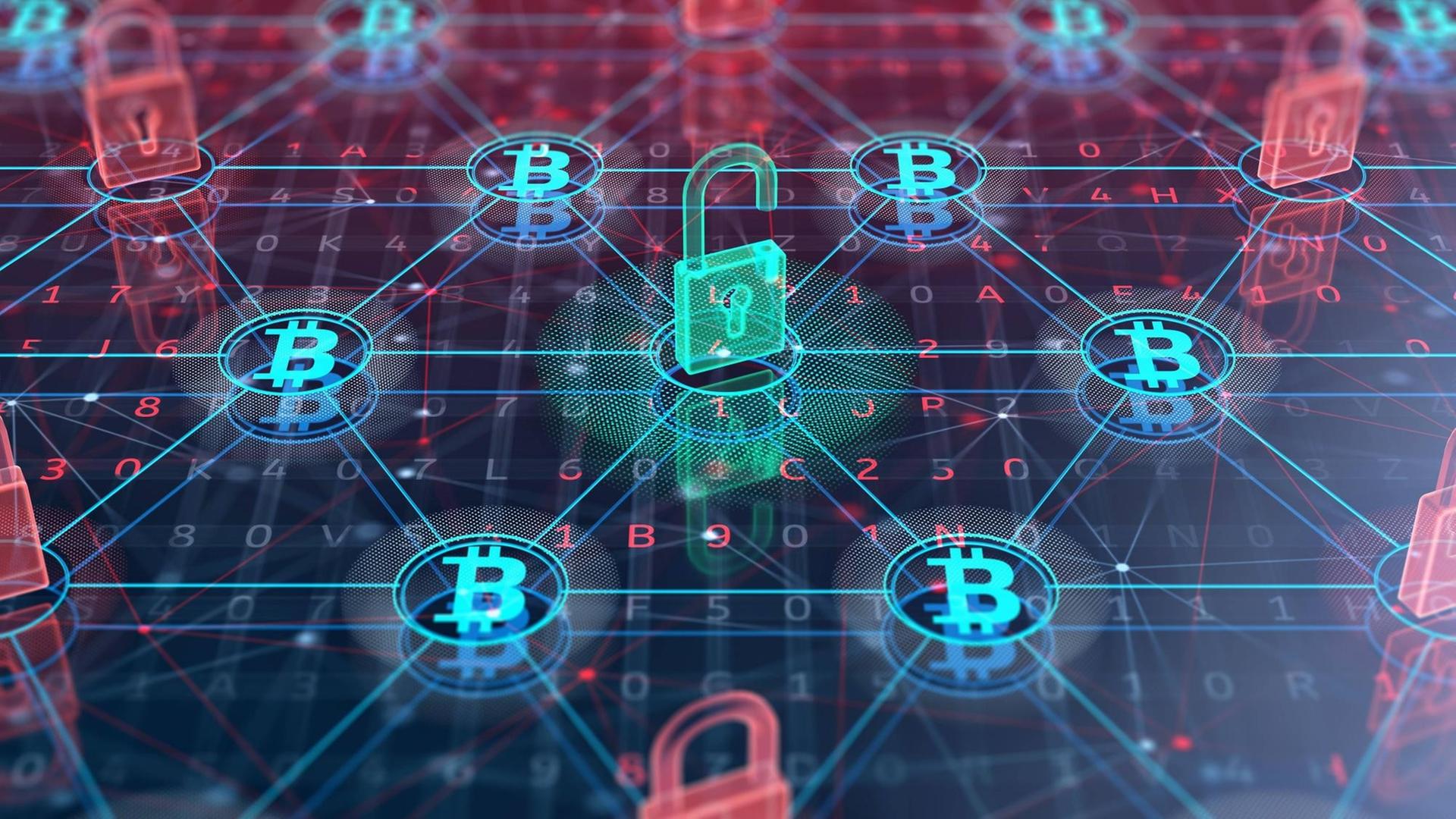 Blockchain technology, conceptual illustration Blockchain technology concept. Holograms symbol of bitcoin and padlock on digital background. 3D illustration. PUBLICATIONxINxGERxSUIxHUNxONLY SERGIIxIAREMENKO/SCIENCExPHOTOxLIBRARY F022/9364 Blockchain technology, conceptual illustration Blockchain technology concept. Holograms symbol of bitcoin and padlock on digital background. 3D illustration. PUBLICATIONxINxGERxSUIxHUNxONLY SERGIIxIAREMENKO/SCIENCExPHOTOxLIBRARY F022/9364
