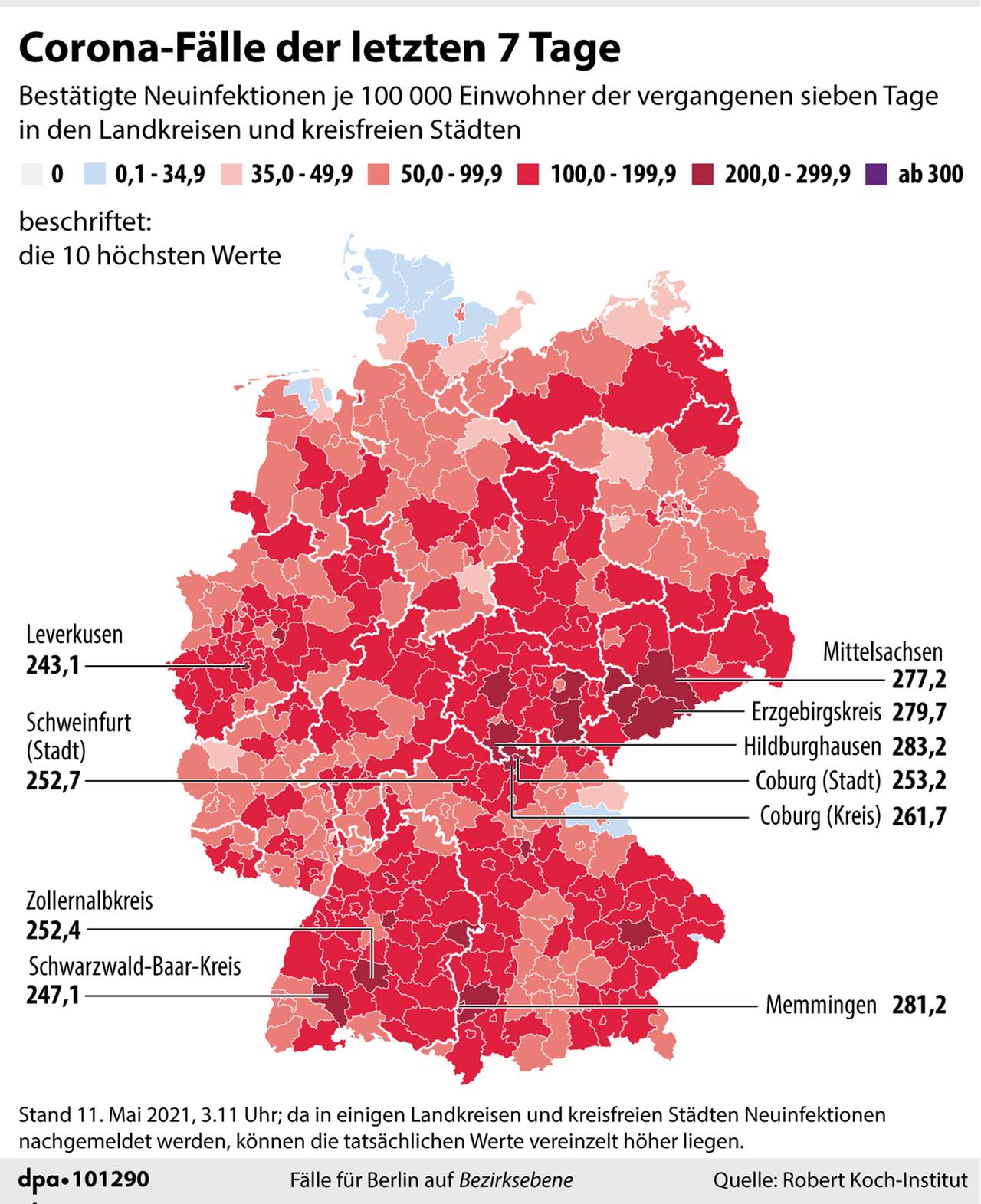 Die Grafik zeigt die Inzidenzen in Deutschland auf Ebene der Kreise.