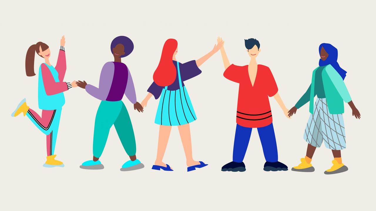 Illustration von Menschen unterschiedlicher Ethnien und Kulturen, die einander ausgelassen an den Händen halten und eine Kette bilden. Illustration von Menschen unterschiedlicher Ethnien und Kulturen, die einander ausgelassen an den Händen halten und eine Kette bilden.