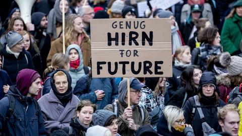 "Genug Hirn for Future" steht bei einer Demonstration von Fridays For Future sowie einem großen NGO-Bündnis zum Aktionstag für mehr Klimaschutz am 29. November 2019 auf einem Plakat.