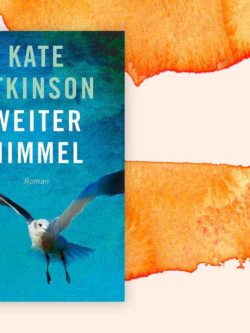 Das Cover von Kate Atkinsons Buch "Weiter Himmel" auf orange-weißem Hintergrund.