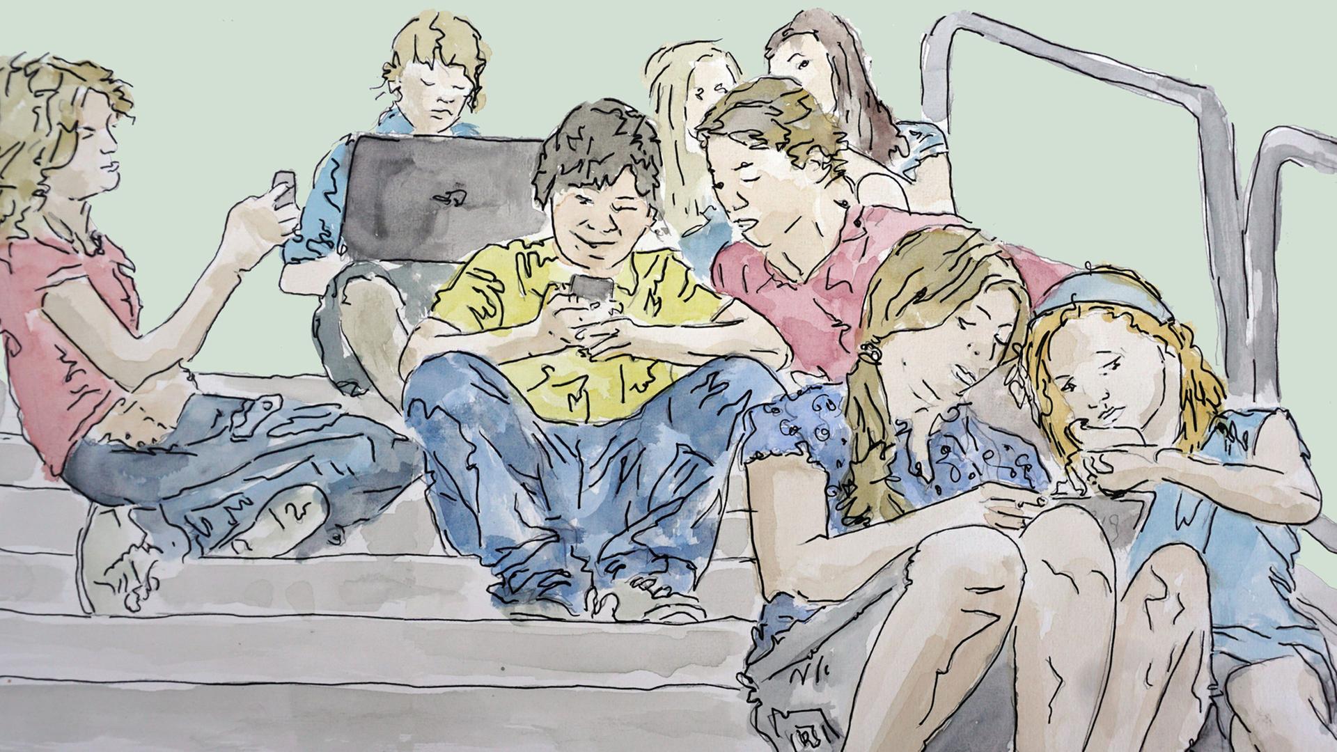 Zeichnung zu Folge 2: Schulkinder sitzen alleine oder zu zweit auf einer Treppe und schauen auf Handys oder Laptops.