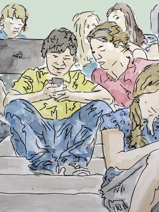 Zeichnung zu Folge 2: Schulkinder sitzen alleine oder zu zweit auf einer Treppe und schauen auf Handys oder Laptops.
