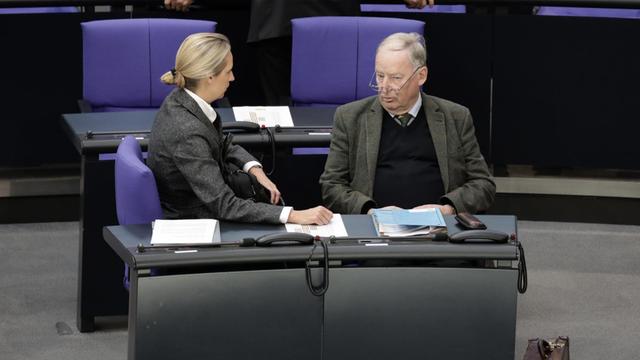 Alexander Gauland und Alice Weidel von der AfD unterhalten sich vor der Regierungserklärung zum EU-Gipfel in Brüssel von Bundeskanzlerin Merkel (CDU) bei der Plenarsitzung im Deutschen Bundestag.