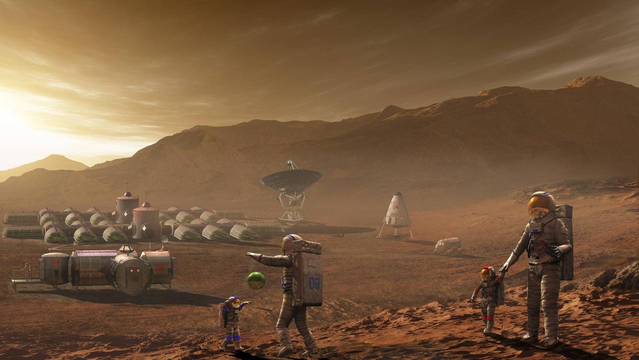 Illustration: Auf der Marsoberfläche laufen Siedler in Raumanzügen herum, darunter auch ballspielende Kinder. Im Hintergrund eine modular aufgebaute Wohneinheit