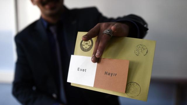 Ein Mann zeigt einen Stimmzettel mit der Aufschrift "Evet" (ja) und "Hayir" (nein).