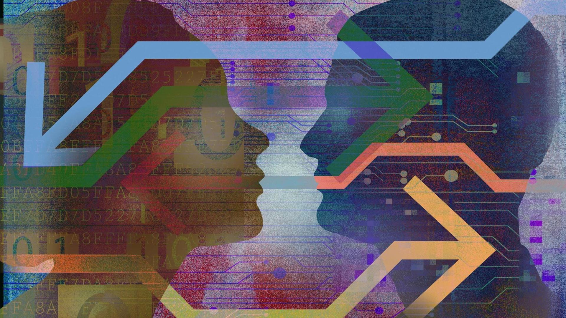 Zwei Schatten von Gesichtern schauen sich an. Bunte Pfeile durchlaufen beide Gesichter. Zwei Schatten von Gesichtern schauen sich an. Bunte Pfeile durchlaufen beide Gesichter.