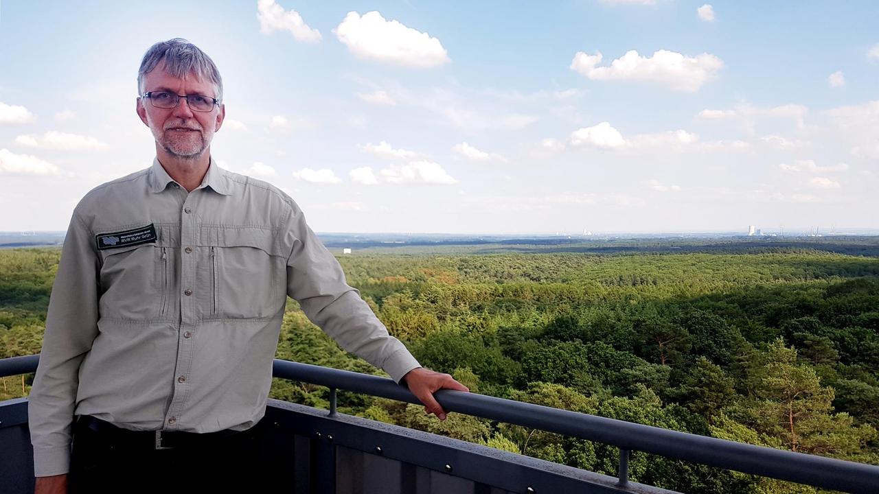 Forstdirektor Kersten Blaschczok steht auf einer Plattform im Hintergrund der Wald. Forstdirektor Kersten Blaschczok steht auf einer Plattform im Hintergrund der Wald.