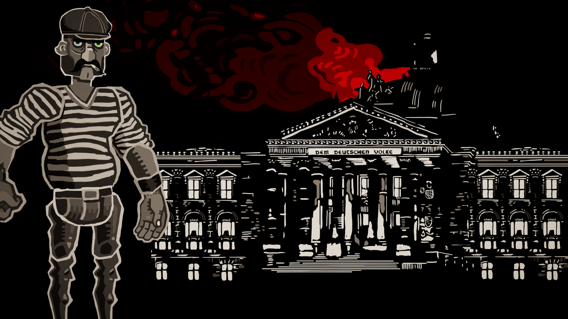 Ein Arbeiter im gestreiften Hemd steht vor dem brennenden Reichstagsgebäude Ein Arbeiter im gestreiften Hemd steht vor dem brennenden Reichstagsgebäude
