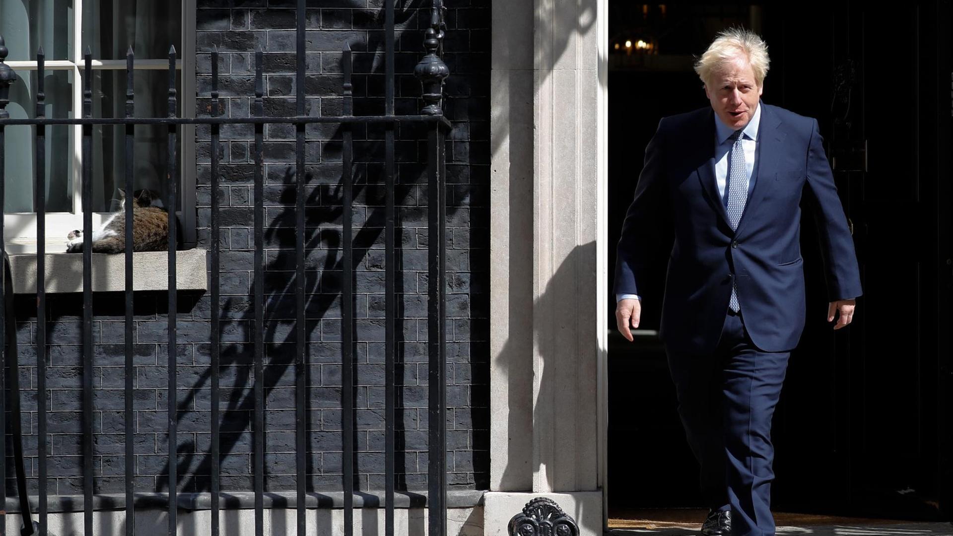 Das Foto zeigt Boris Johnson auf den Stufen von Nr. 10, Downing Street.
