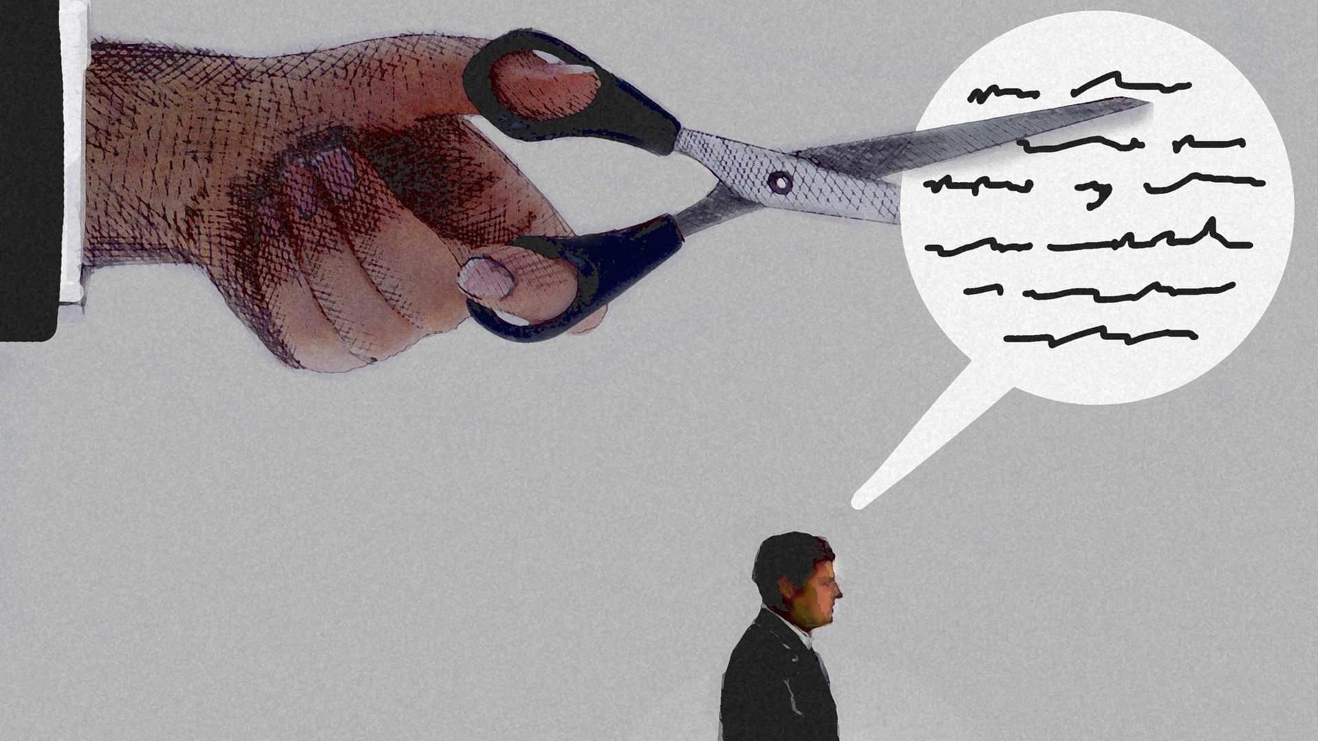 Zu sehen ist eine Grafik: Darauf zerschneidet eine große Hand mit Schere die Sprechblase eines Mannes Zu sehen ist eine Grafik: Darauf zerschneidet eine große Hand mit Schere die Sprechblase eines Mannes