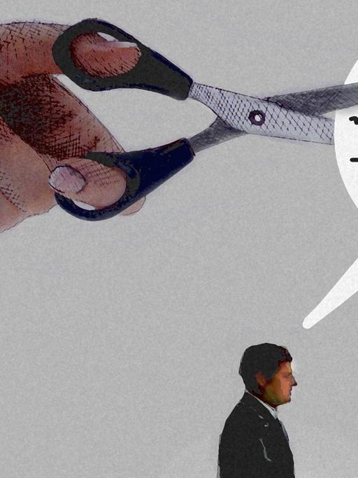 Zu sehen ist eine Grafik: Darauf zerschneidet eine große Hand mit Schere die Sprechblase eines Mannes