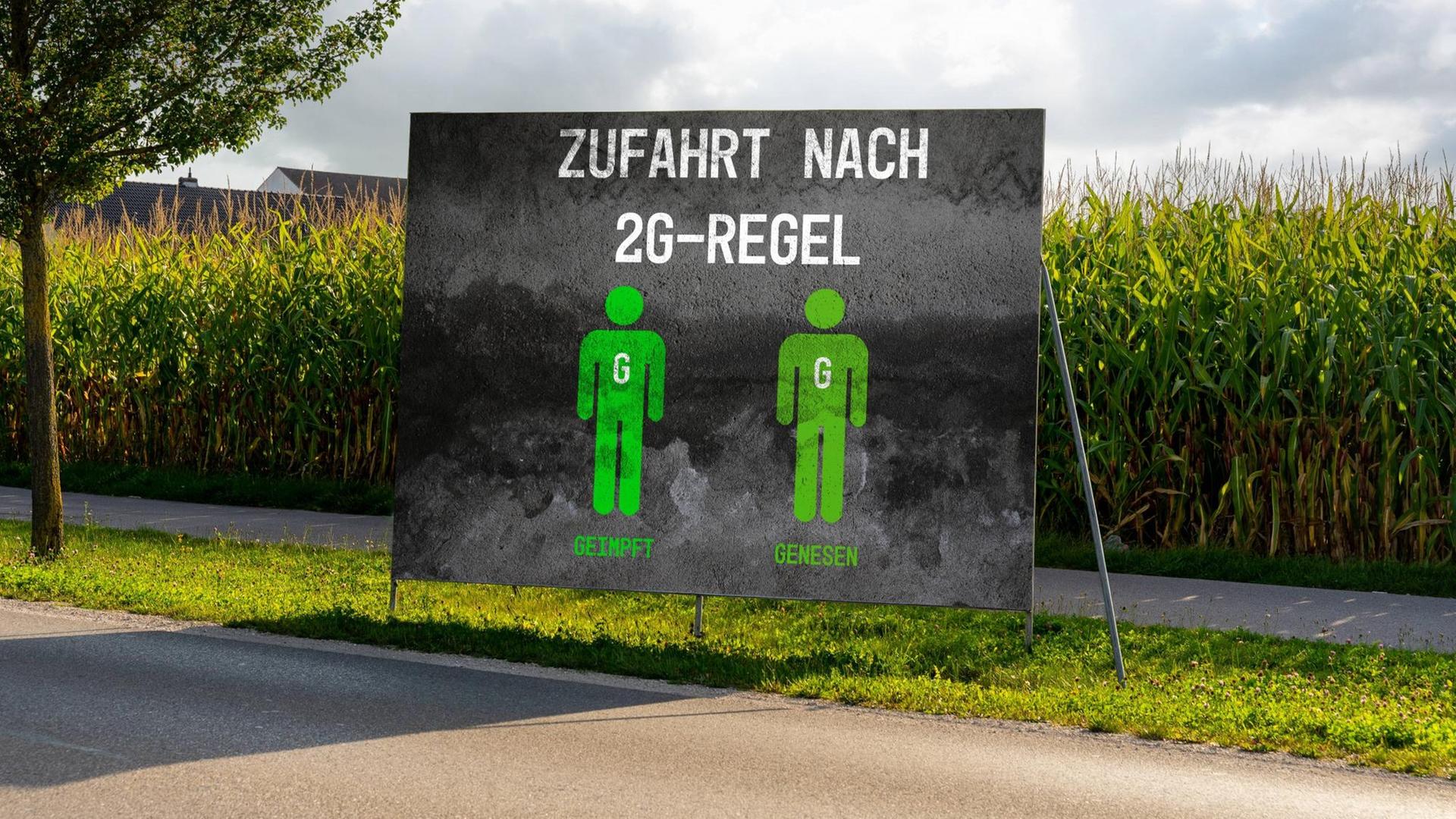 Schild an einer deutschen Straße mit der Aufschrift: "Zufahrt nur nach 2G-Regel" Covid-19 Regel: Geimpft oder Genesen. 2021. Schild an einer deutschen Straße mit der Aufschrift: "Zufahrt nur nach 2G-Regel" Covid-19 Regel: Geimpft oder Genesen. 2021.