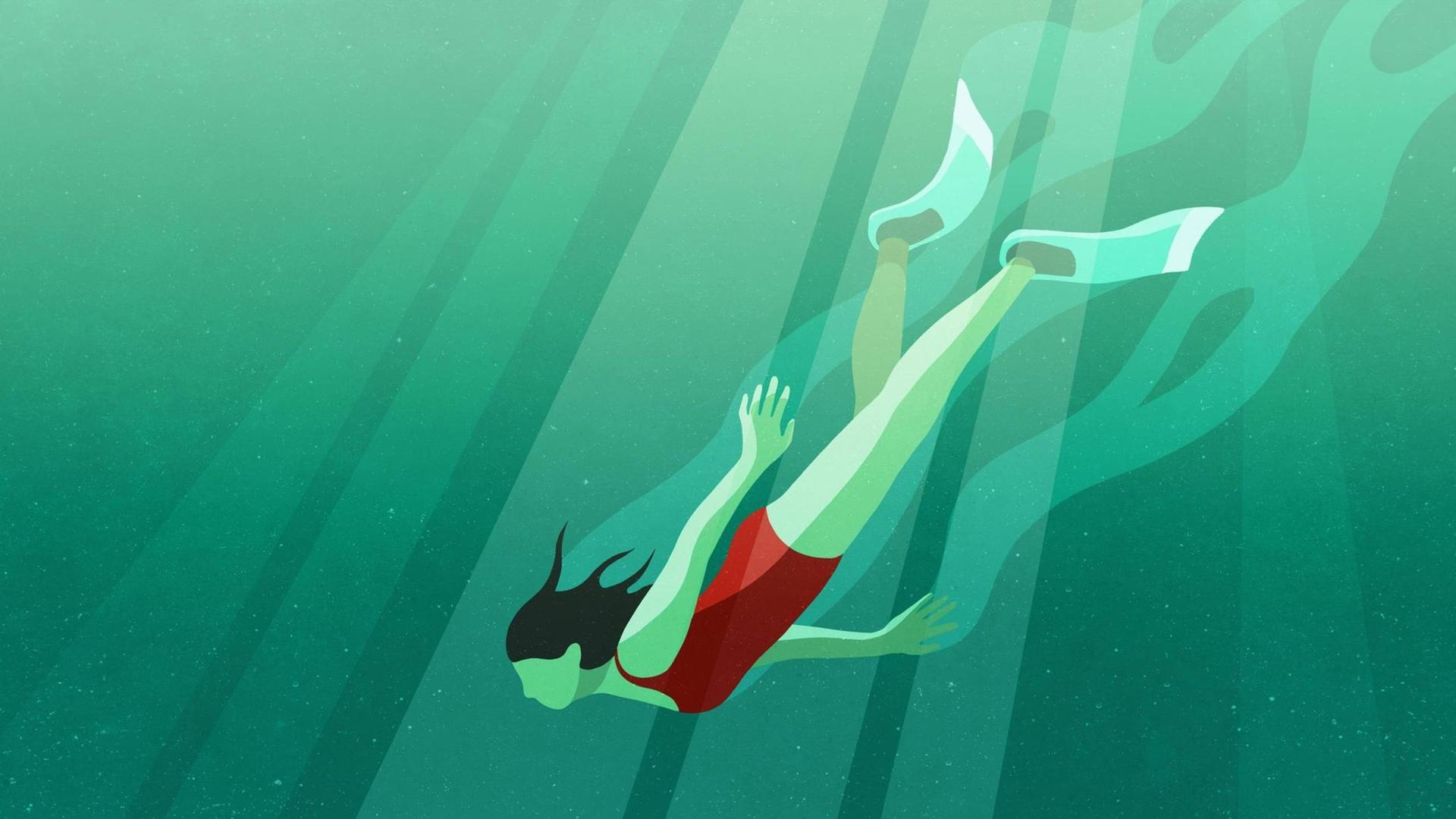 Eine Frau taucht unter Wasser. Eine Frau taucht unter Wasser.