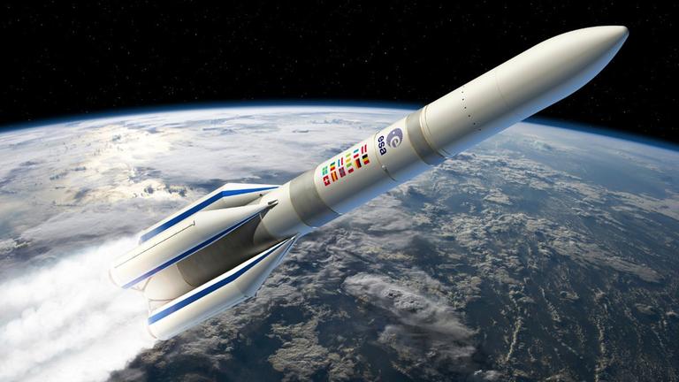 Eine gezeichnete Ariane-6-Rakete im All Eine gezeichnete Ariane-6-Rakete im All