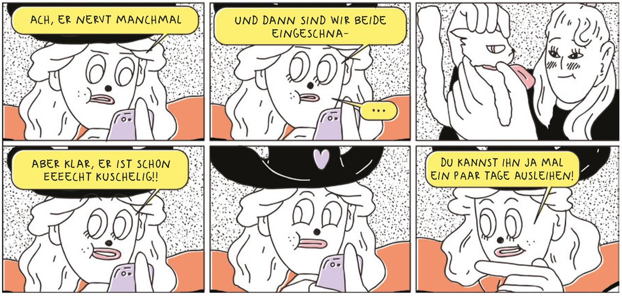 Ausschnitt aus dem Comic "IdentiKid". Zwei Comicfiguren unterhalten sich über eine Katze. Ausschnitt aus dem Comic "IdentiKid". Zwei Comicfiguren unterhalten sich über eine Katze.