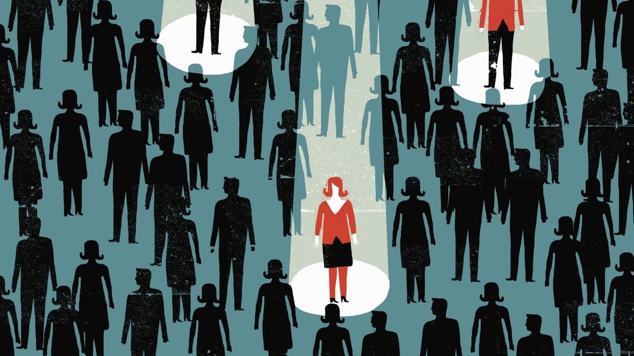 Illustration einer Menschenmenge in der einige wenige Personen im Scheinwerferlicht stehen. Illustration einer Menschenmenge in der einige wenige Personen im Scheinwerferlicht stehen.