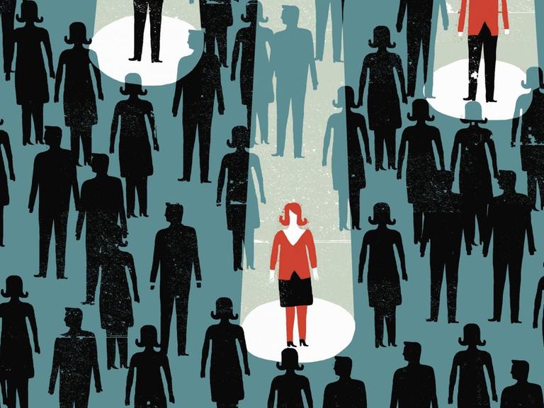 Illustration einer Menschenmenge in der einige wenige Personen im Scheinwerferlicht stehen.