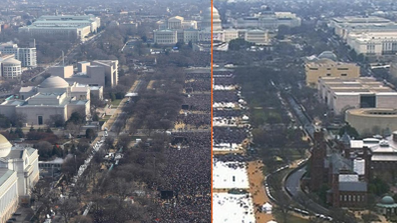 Zwei Fotos zeigen die National Mall vor dem Kapitol in Washington:
Die linke Hälfte des Fotos entstand bei der Amsteinführung von Barack Obama am 20.1.2009 und zeigt die National Mall voller Menschen.
Die rechte Hälfte des Fotos zeigt die National Mall bei der Amsteinführung von Donald Trump am 20. Januar 2017. Es sind viel weniger Menschen auf der National Mall zu sehen. Zwei Fotos zeigen die National Mall vor dem Kapitol in Washington:
Die linke Hälfte des Fotos entstand bei der Amsteinführung von Barack Obama am 20.1.2009 und zeigt die National Mall voller Menschen.
Die rechte Hälfte des Fotos zeigt die National Mall bei der Amsteinführung von Donald Trump am 20. Januar 2017. Es sind viel weniger Menschen auf der National Mall zu sehen.
