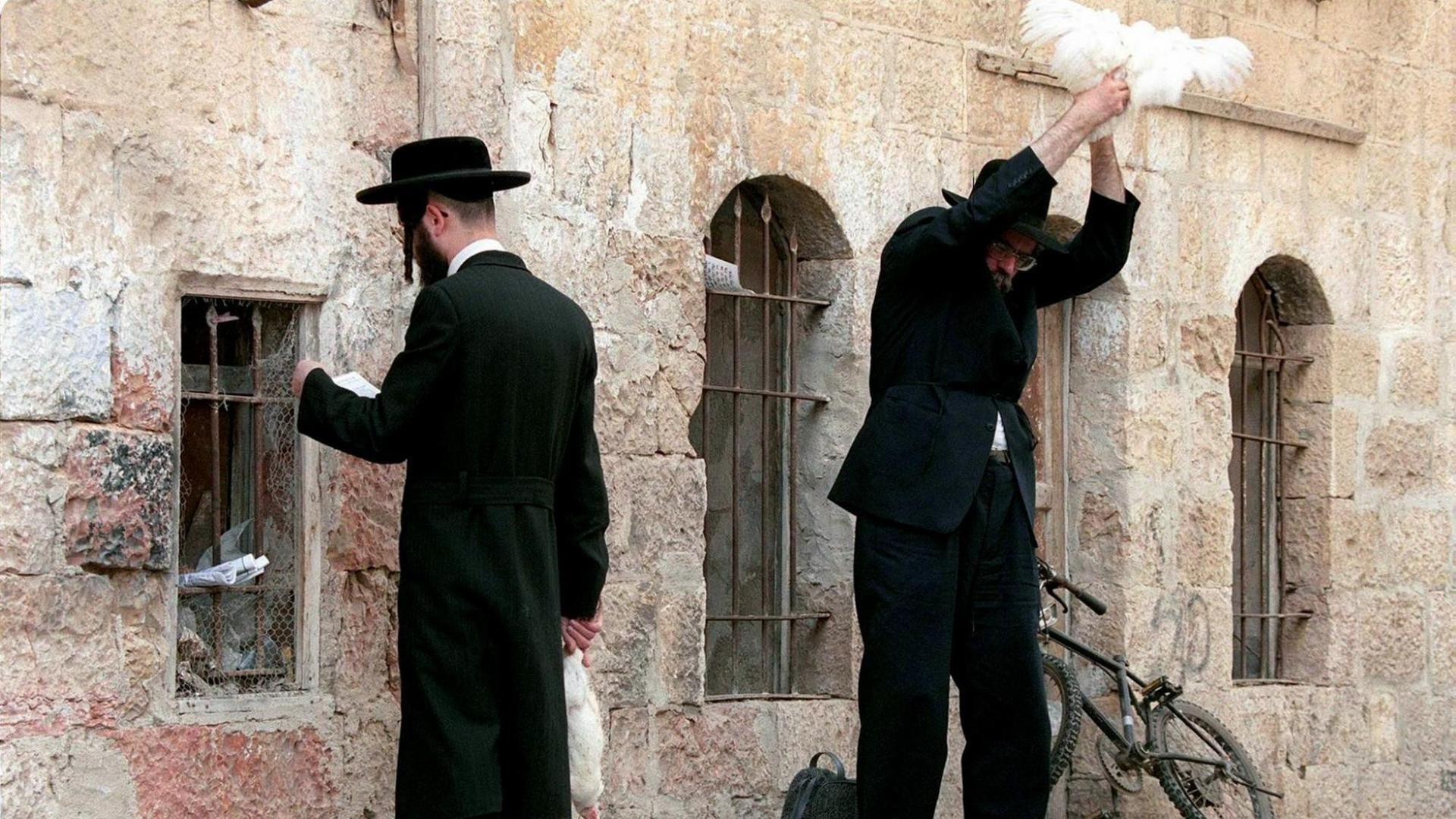 Zwei orthodoxe Juden im Jerusalemer Viertel Mea Shearim: Einer betet gegen eine Mauer, der andere schwingt ein Huhn über seinem Kopf Zwei orthodoxe Juden im Jerusalemer Viertel Mea Shearim: Einer betet gegen eine Mauer, der andere schwingt ein Huhn über seinem Kopf
