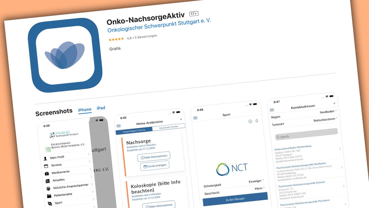 Screenshot der Downlooadseite der App „Onko-NachsorgeAktiv”. Screenshot der Downlooadseite der App „Onko-NachsorgeAktiv”.