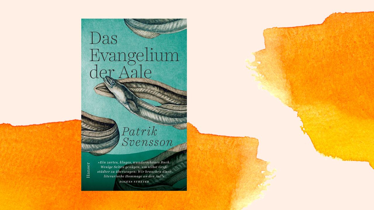 Cover des Buchs "Das Evangelium der Aale" von Patrik Svensson vor einem orangfarbenen Aquarellhintergrund.
