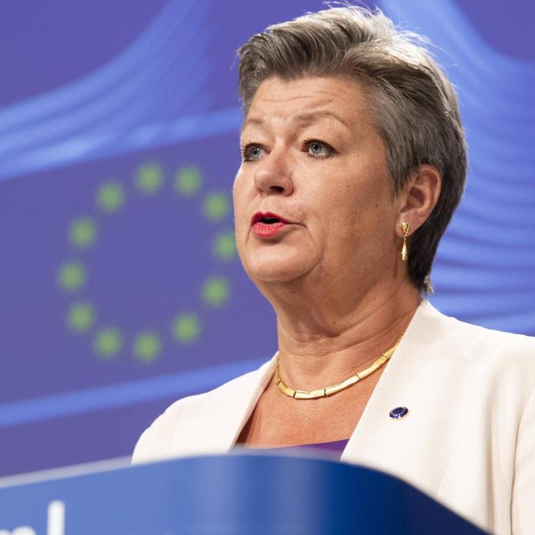200713 -- BRUSSELS, July 13, 2020 Xinhua -- European Commissioner for Home Affairs Ylva Johansson speaks at a press conference at the EU headquarters in Brussels, Belgium, July 13, 2020. Five European states and five African countries agreed at a meeting on Monday to work closer together to curtail human trafficking in Europe and at source and to establish legal pathways for migrants to reach Europe, Ylva Johansson said. European Union/Handout via Xinhua BELGIUM-BRUSSELS-EU-AFRICA-HUMAN TRAFFICKING-MEETING PUBLICATIONxNOTxINxCHN