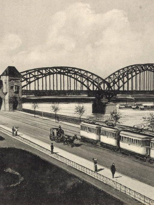 Köln am Rhein, Blick auf die Südbrücke mit Straßenbahn und Rhein (Illustration nach einem Foto, vermutlich um 1915)