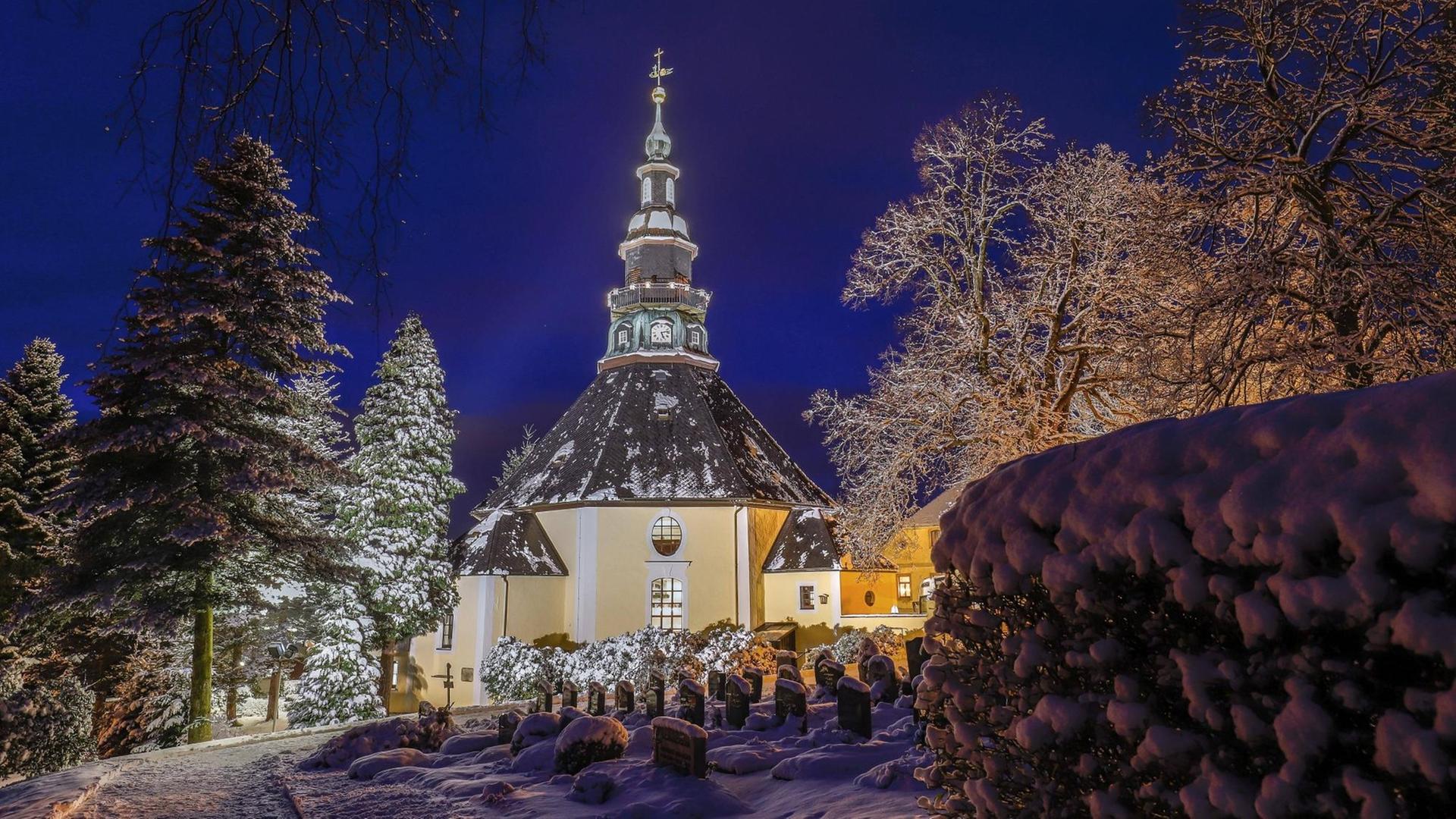 Spanschachtel Winterdorf Seiffen 7cm Kirche Weihnachten Erzgebirge NEU 