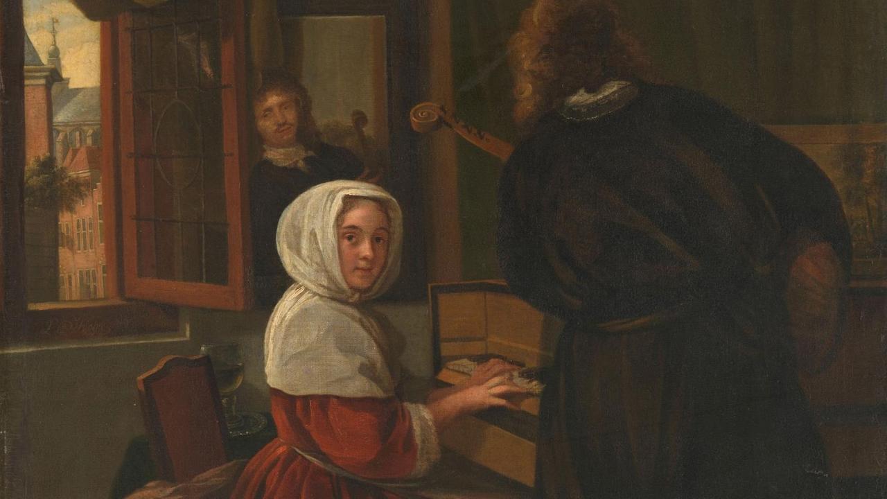 Gemälde um 1700, das ein Paar in einer Kammer gemeinsam musizierend zeigt, wobei die Frau an einem Tasteninstrument sitzt und der Mann ein Saiteninstrument hält. Gemälde um 1700, das ein Paar in einer Kammer gemeinsam musizierend zeigt, wobei die Frau an einem Tasteninstrument sitzt und der Mann ein Saiteninstrument hält.