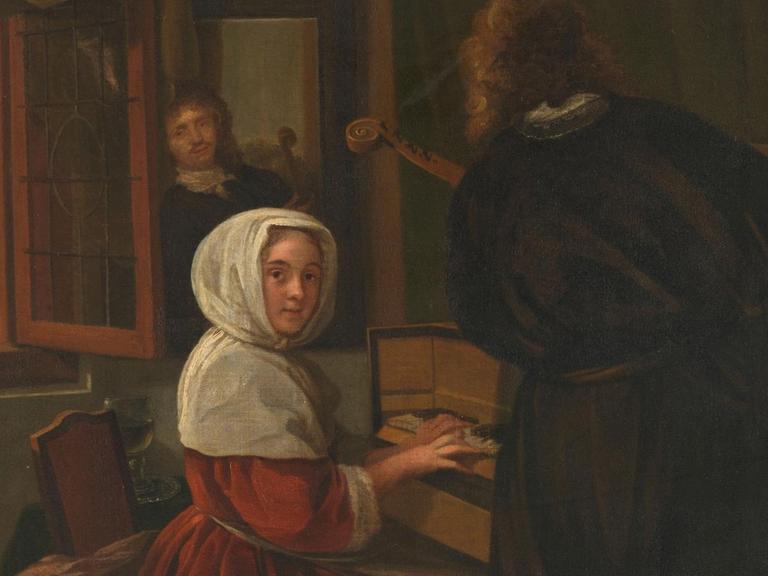 Gemälde um 1700, das ein Paar in einer Kammer gemeinsam musizierend zeigt, wobei die Frau an einem Tasteninstrument sitzt und der Mann ein Saiteninstrument hält.