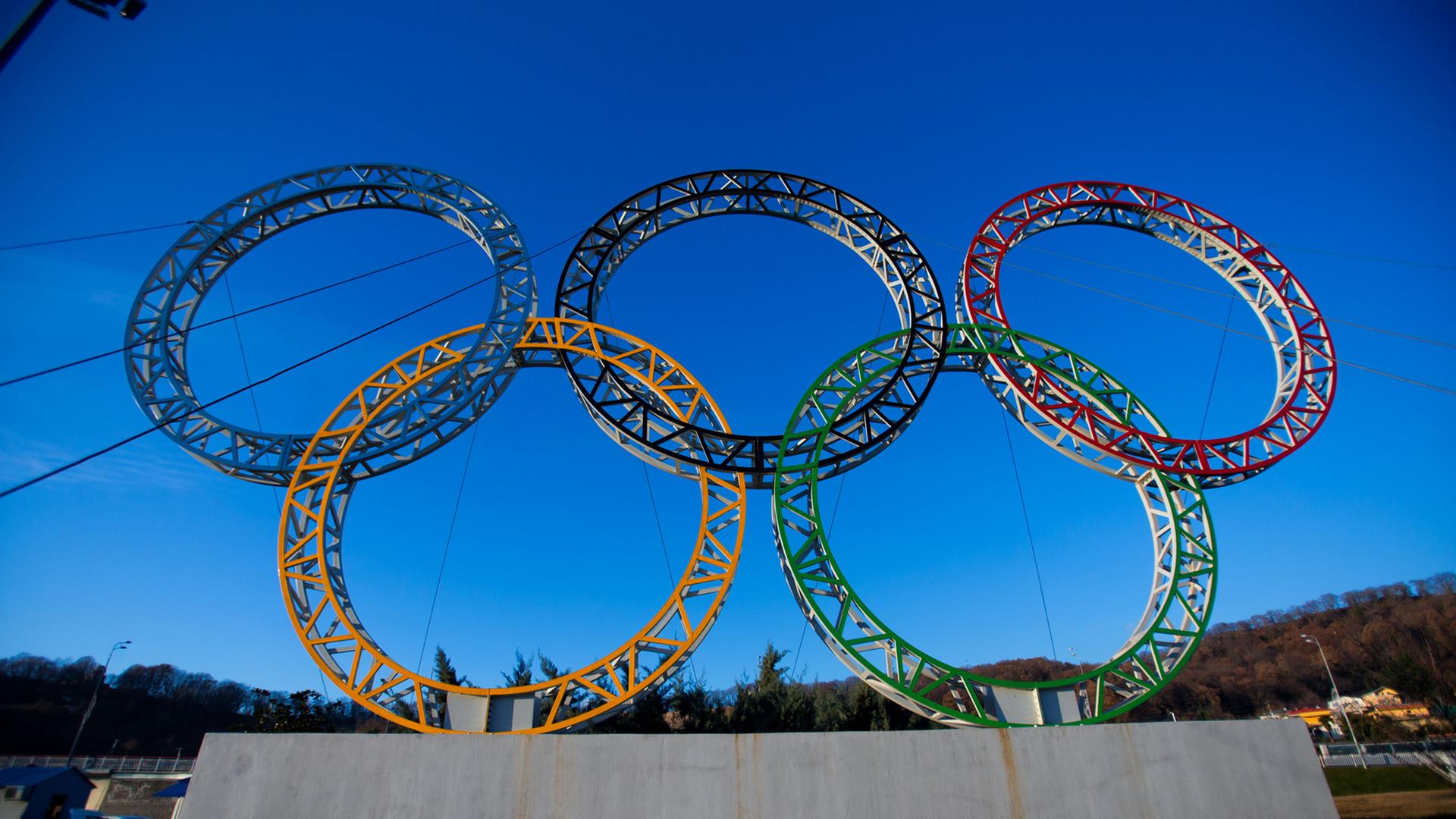 Die Olympischen Ringe in Sotschi vor dem Hauptgebäude des Flughafens Die Olympischen Ringe in Sotschi vor dem Hauptgebäude des Flughafens