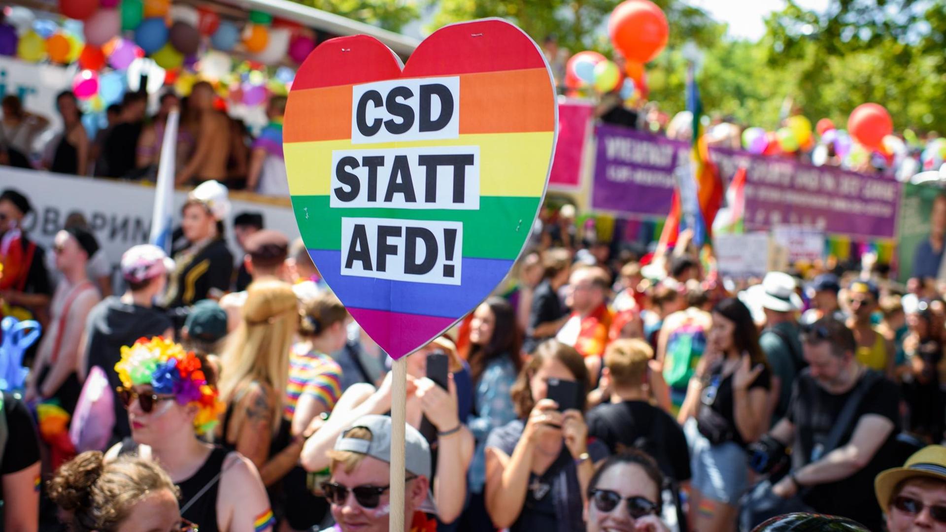 28.07.2018, Berlin: Ein Teilnehmer hält ein Schild mit der Aufschrift "CSD statt AfD!" auf der Parade zum Christopher Street Day (CSD). Der traditionelle Umzug der Homosexuellen findet 2018 zum 40. Mal in Berlin statt. 28.07.2018, Berlin: Ein Teilnehmer hält ein Schild mit der Aufschrift "CSD statt AfD!" auf der Parade zum Christopher Street Day (CSD). Der traditionelle Umzug der Homosexuellen findet 2018 zum 40. Mal in Berlin statt.