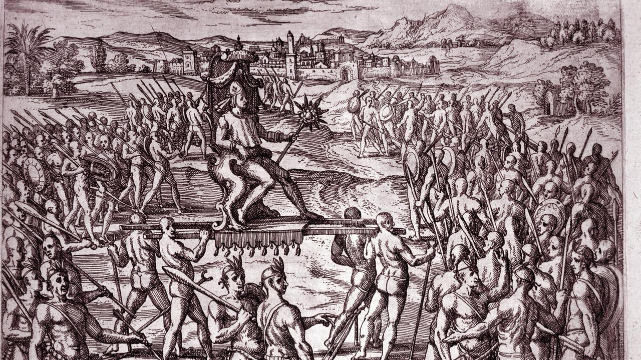 Atahualpa wird zum Treffen mit Pizarro getragen - Illustration aus der Historia Novis Orbis 1595, Kupferstich von Theodore de Bry (1528-1598)